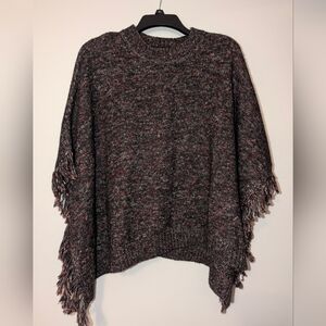 Cabi Merry Poncho Sweater Fringe Boho Knit Charcoal Red XS/S NWOT